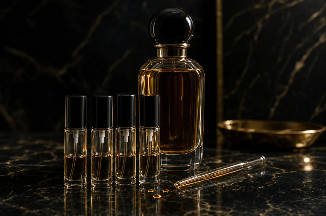 Małe szklane flakoniki z atomizerem obok eleganckiego flakonu perfum z bursztynowym płynem na czarnym marmurze