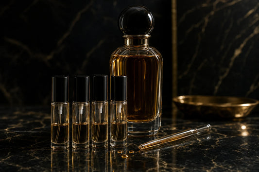 Małe szklane flakoniki z atomizerem obok eleganckiego flakonu perfum z bursztynowym płynem na czarnym marmurze