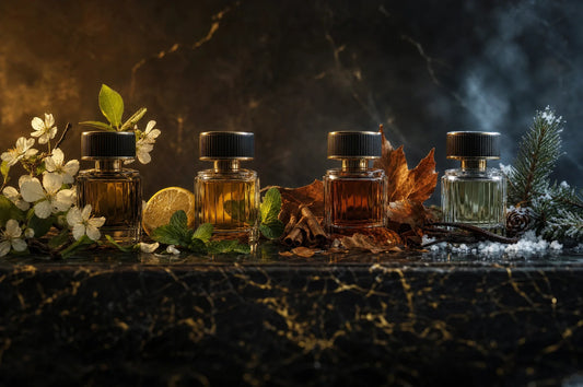 Cztery flakony perfum otoczone botanikami czterech por roku: kwiaty, cytrusy, liście jesienne i gałązki sosny