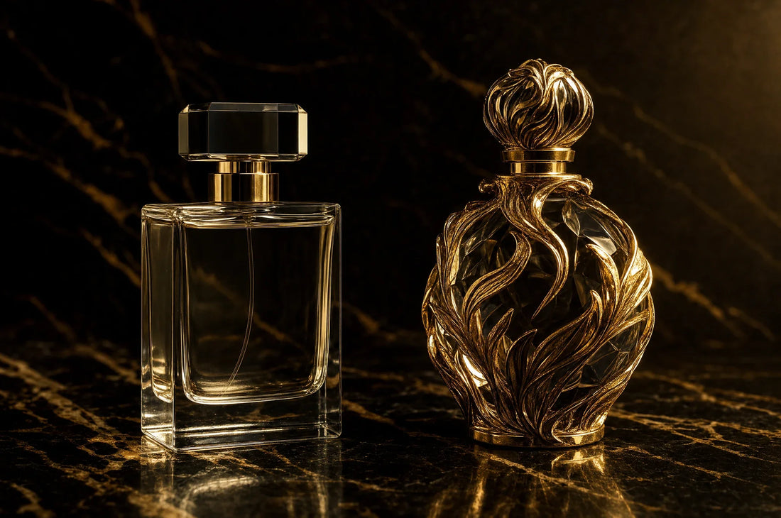 Dwa kontrastujące flakony perfum: minimalistyczny szklany i zdobiony złoty, na czarnym marmurze