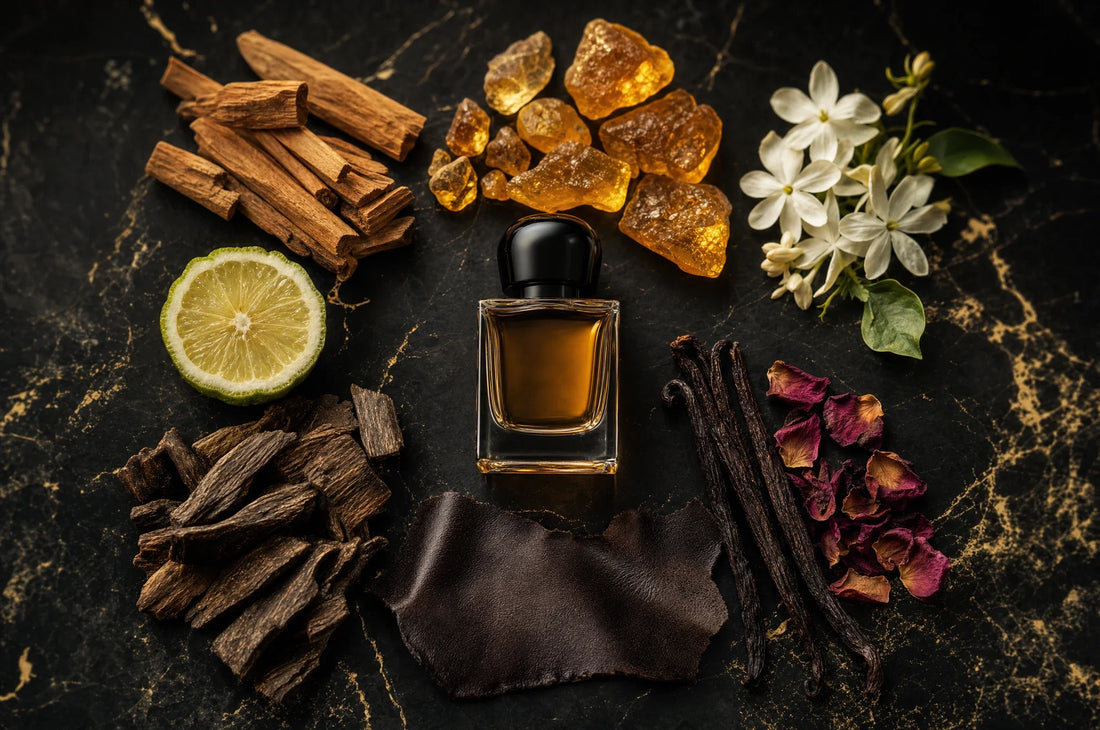 Płaska kompozycja surowców perfumeryjnych na czarnym kamieniu: sandałowiec, żywica ambrowa, jaśmin, bergamotka, oud, skóra i wanilia