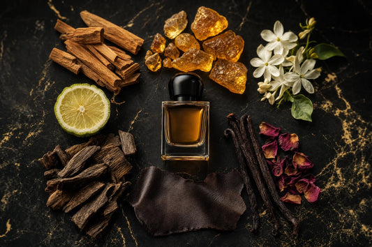 Płaska kompozycja surowców perfumeryjnych na czarnym kamieniu: sandałowiec, żywica ambrowa, jaśmin, bergamotka, oud, skóra i wanilia